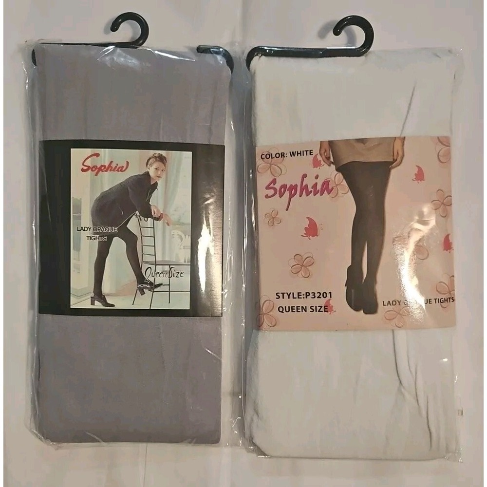 2 Pairs Sophia Queen Size Opaque Tights Gray & White‎ New